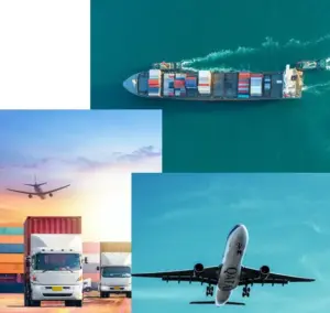 Collage showing cargo ship, airplane, and trucks representing land freight, air freight, and sea transportation services by Tawam Al Shahin Transport