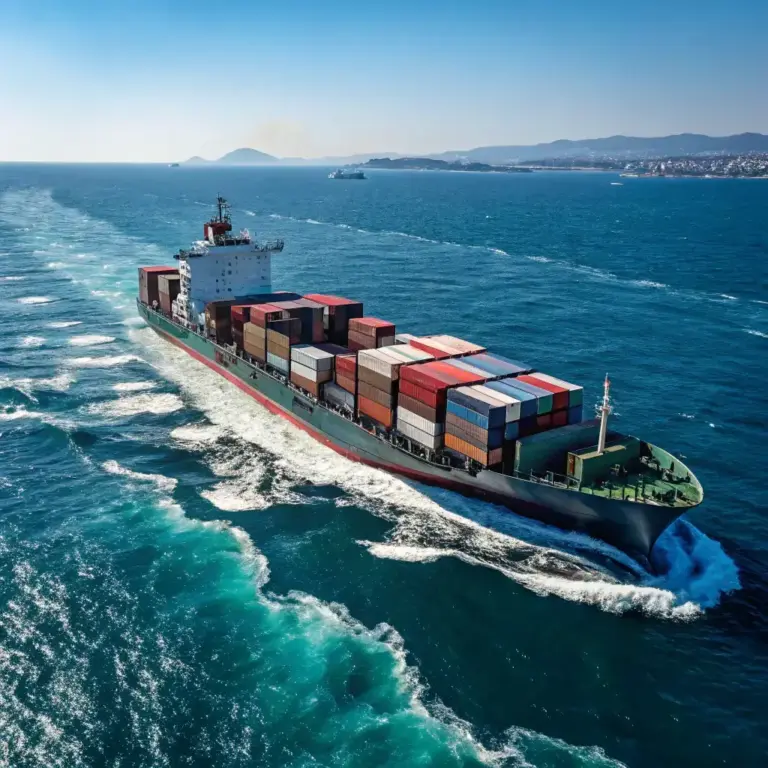 Large container ship sailing in open ocean representing global container shipping and international sea freight services by Tawam Al Shahin Transport