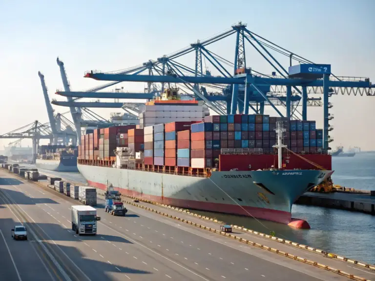 Container cargo ship at international port representing sea freight and ocean shipping services by Tawam Al Shahin Transport