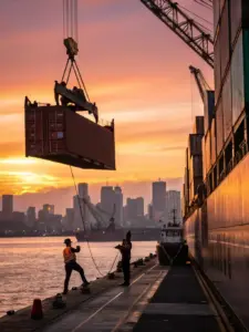 Port workers loading a large shipping container using a crane during sunset, representing efficient port operations and maritime logistics services by Tawam Al Shahin Transport.